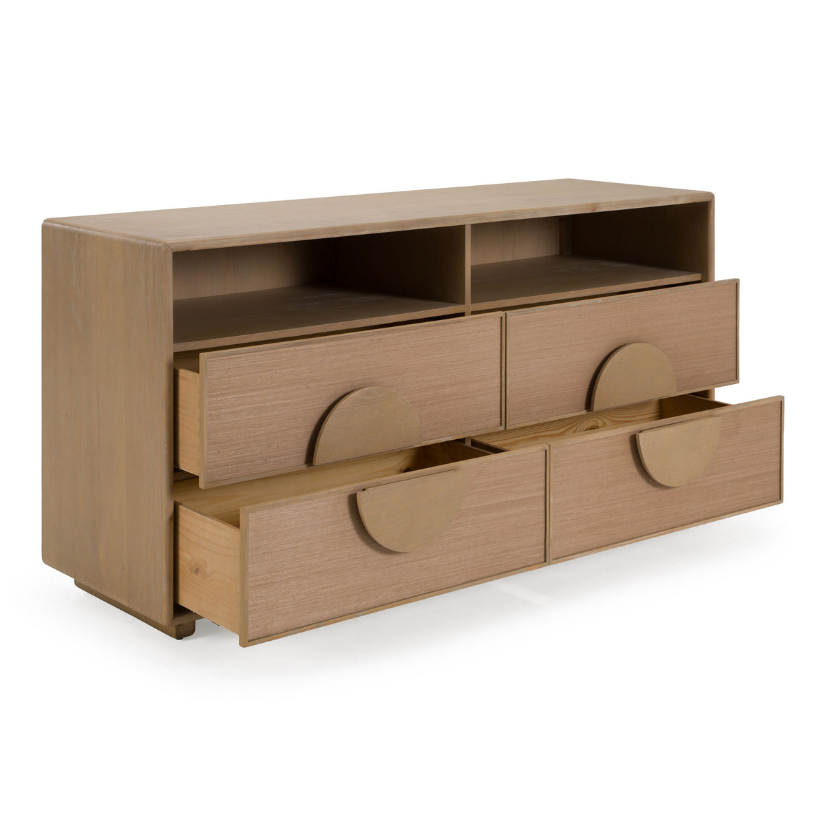 Rattan Front Dresser, Modern Natural Oak Dresser with Open Shelves