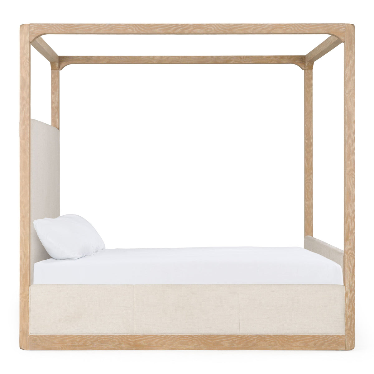 King Canopy Bed Frame, Upholstered Beige and Natural Oak Canopy Bed