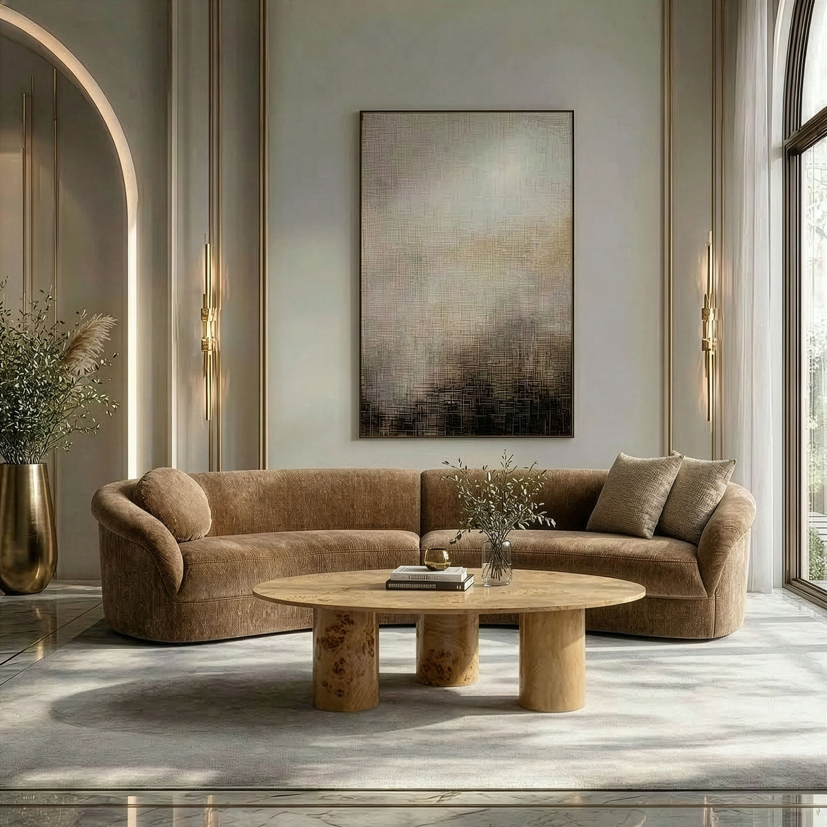 Curved Sectional Sofa, Modern Brown Fabric Crescent Couch