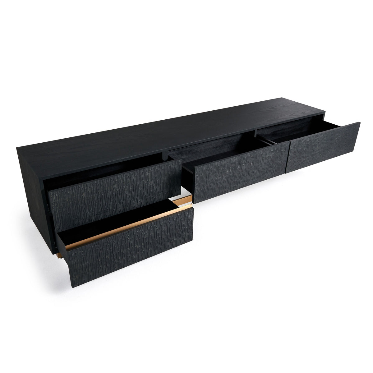 Black Ash TV Stand, Modern Media Console with Gold Legs and Drawers