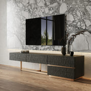 Black Ash TV Stand, Modern Media Console with Gold Legs and Drawers