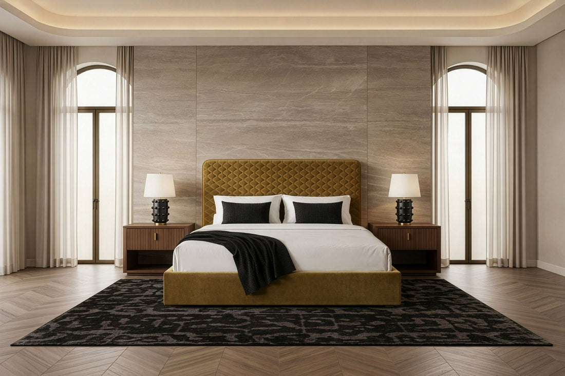 Brown Upholstered Bed Frame, Tall Headboard Modern Platform Bed