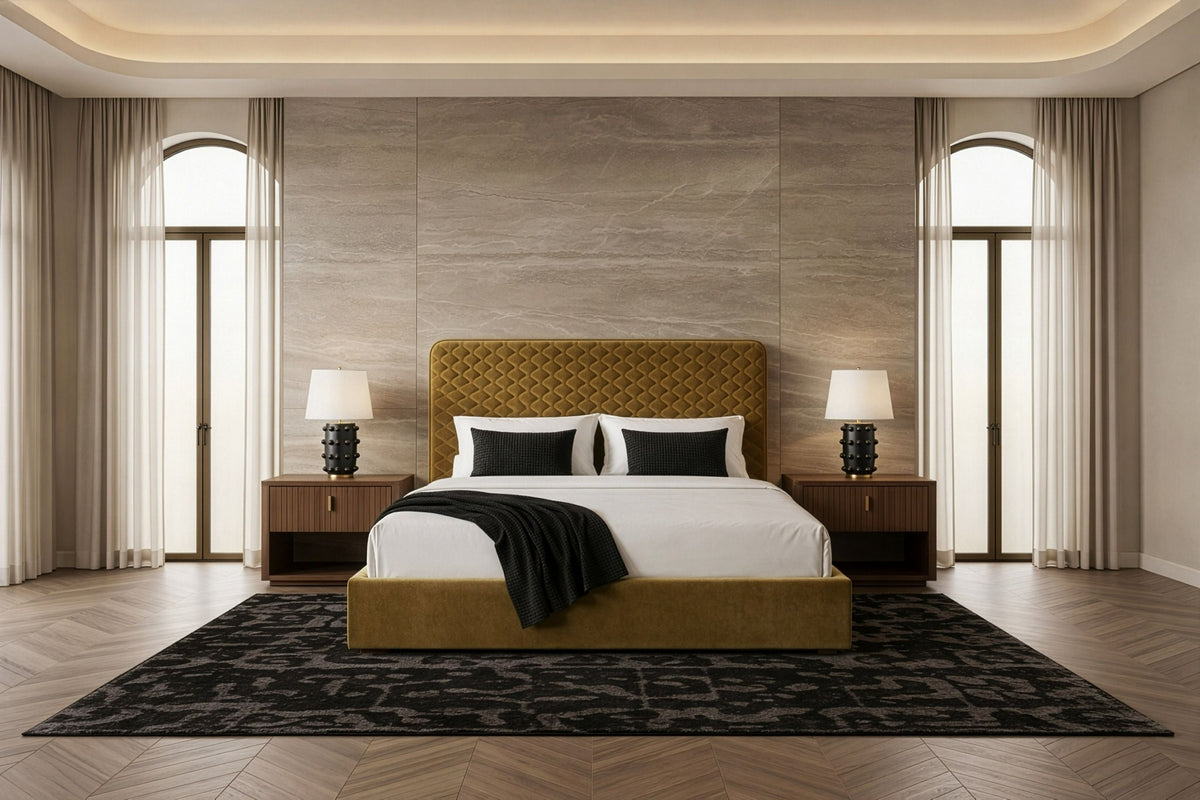 Brown Upholstered Bed Frame, Tall Headboard Modern Platform Bed