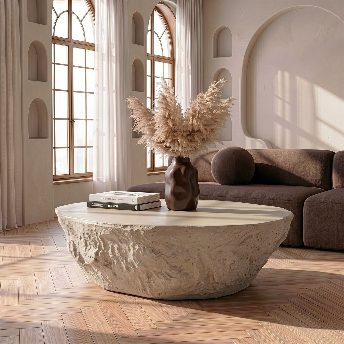 Round Concrete Coffee Table, Sand Beige Indoor Outdoor Block Table