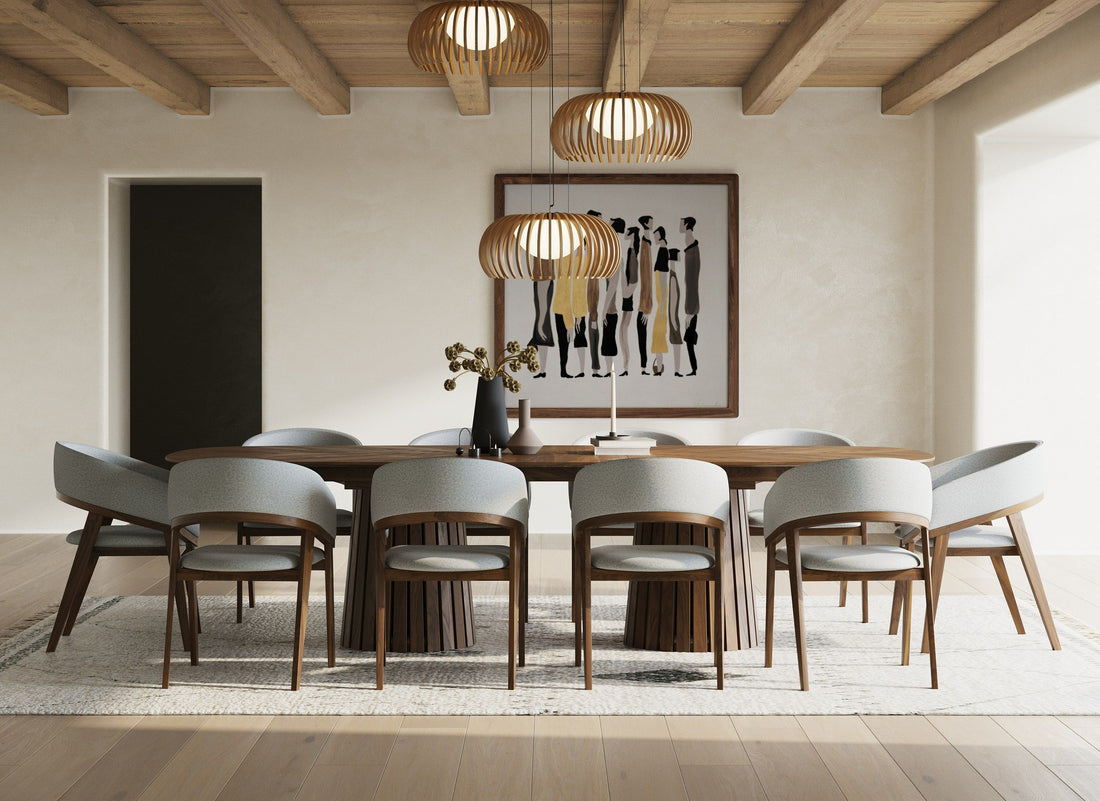 Extendable Walnut Dining Set, Mid Century Modern Table with Upholstered Chairs