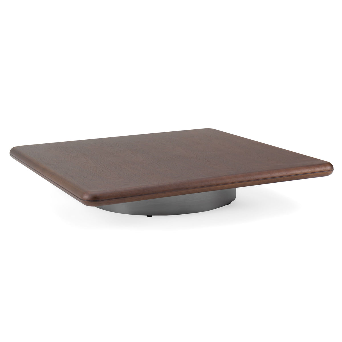 Low Square Coffee Table, Walnut Wood Top with Round Metal Base