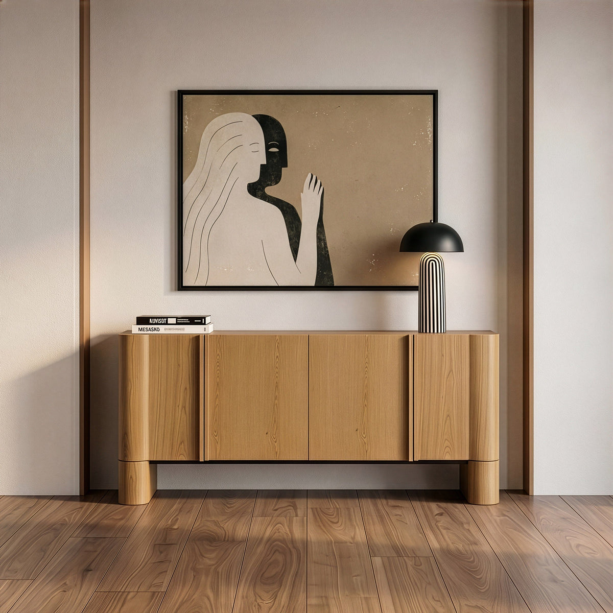 White Oak Sideboard Buffet, Modern Credenza Cabinet with Shelves