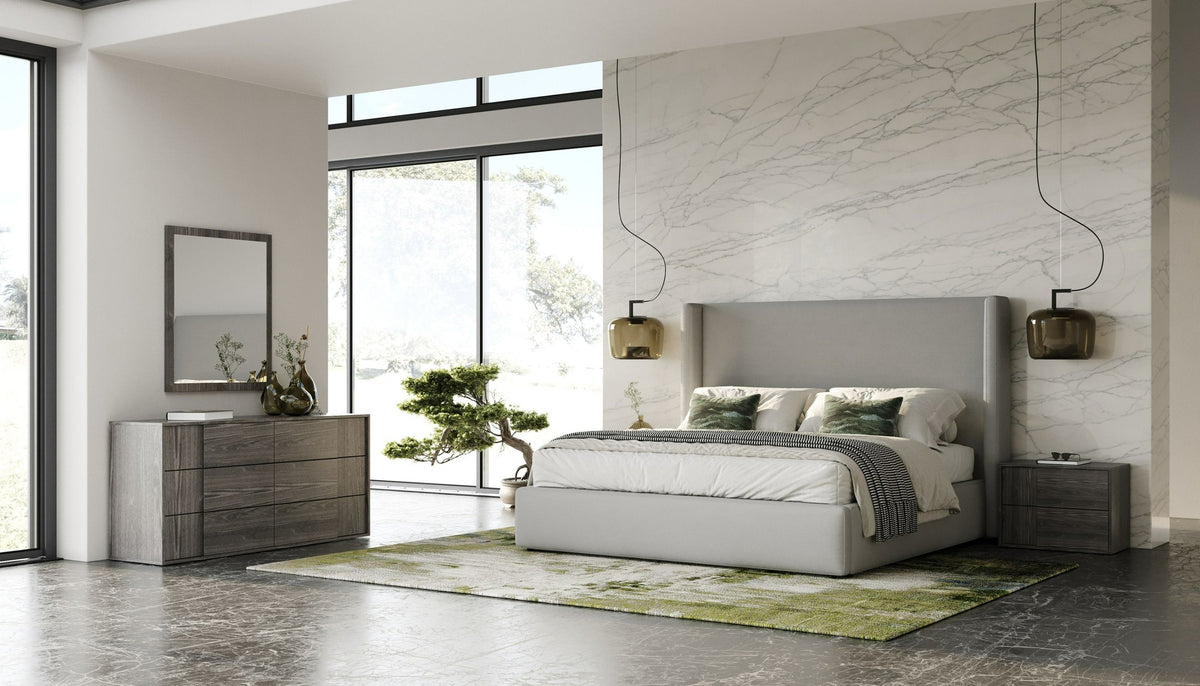 Grey Teddy Bed and Nightstand Set, Modern Upholstered Bedroom Set