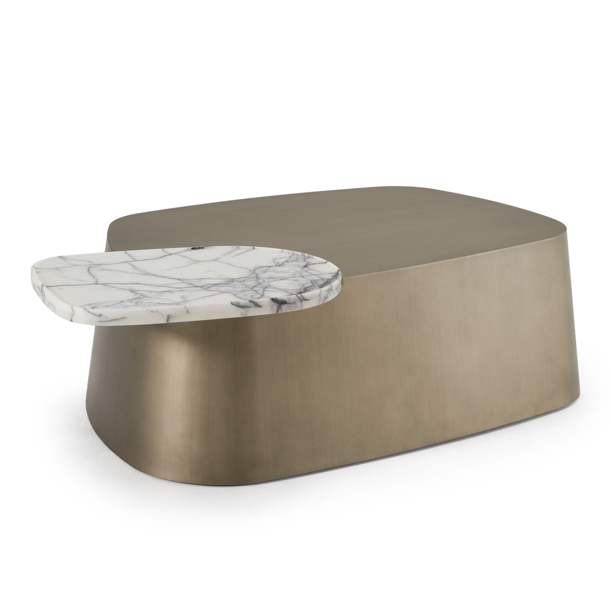 White Marble Coffee Table, Free Form Drum Table with Brass Base