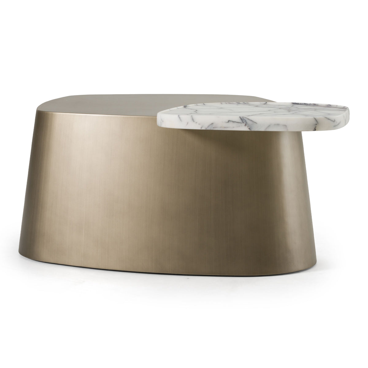 White Marble Coffee Table, Free Form Drum Table with Brass Base