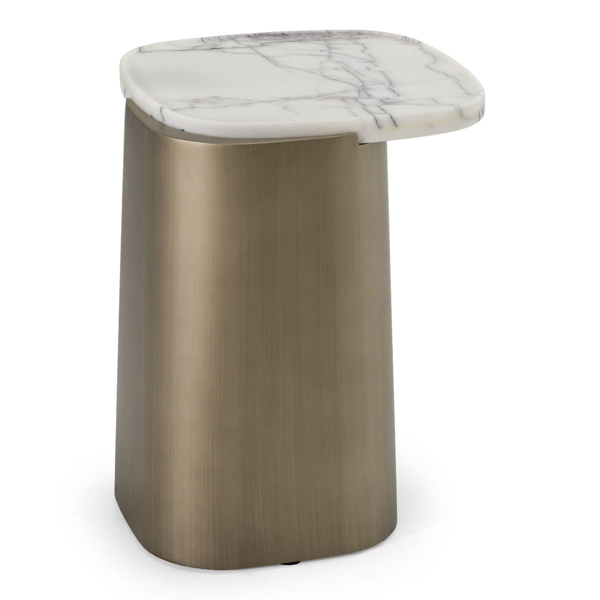 White Marble End Table, Brass Drum Side Table with Tray Top