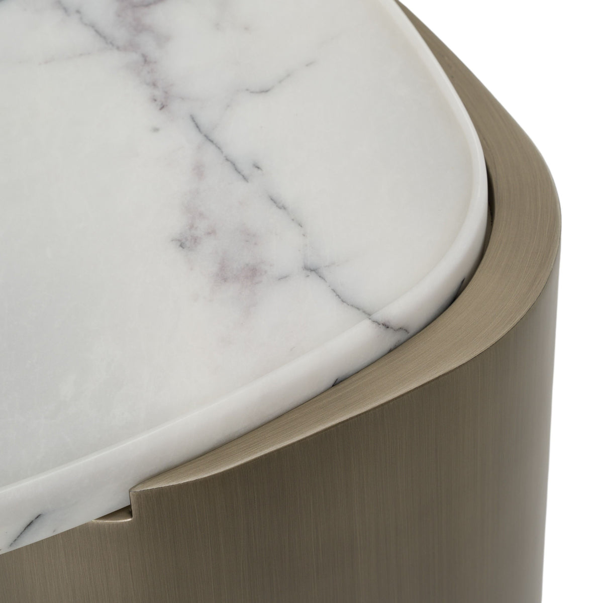 White Marble End Table, Brass Drum Side Table with Tray Top