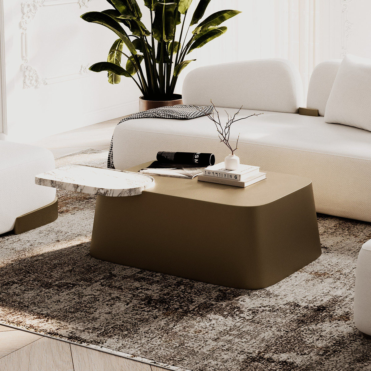 White Marble Coffee Table, Free Form Drum Table with Brass Base