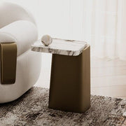 White Marble End Table, Brass Drum Side Table with Tray Top