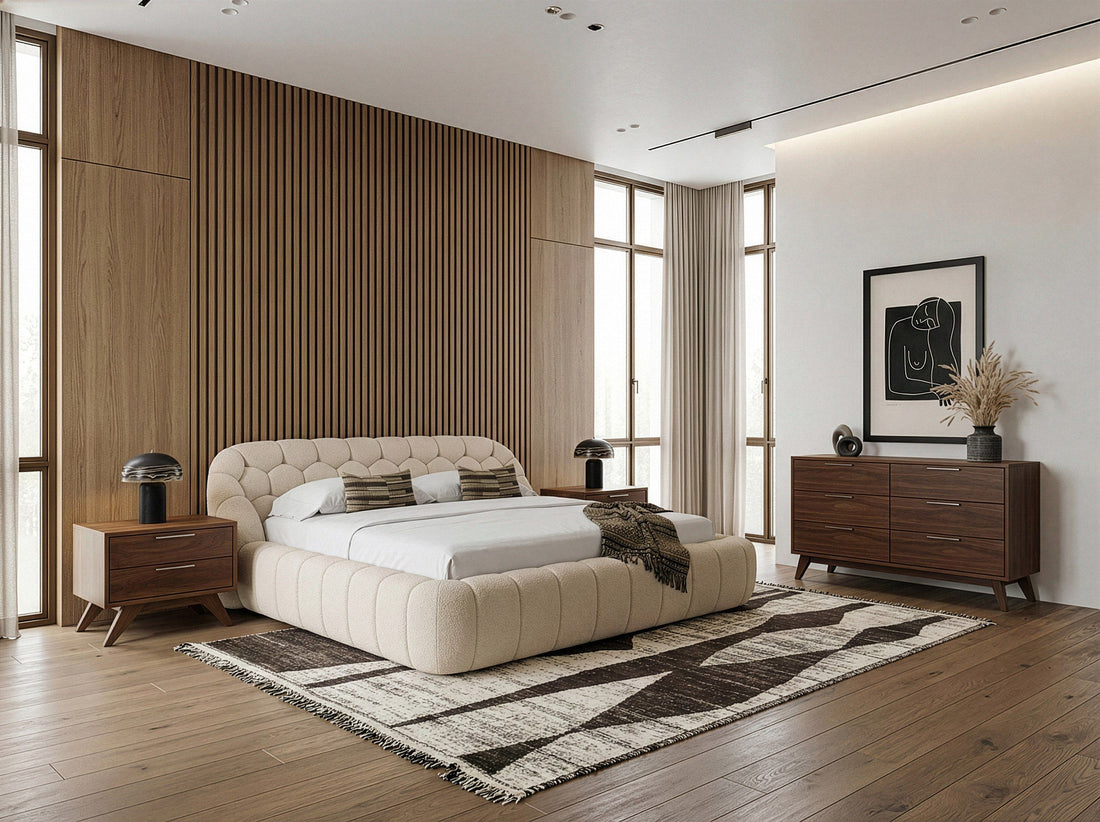 Beige Teddy Fabric Bedroom Set, Hexagon Tufted Bed with Walnut Dresser