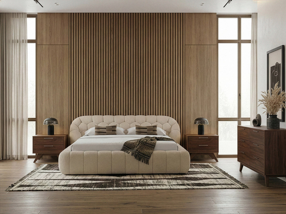 Beige Teddy Fabric Bedroom Set, Hexagon Tufted Bed with Walnut Dresser